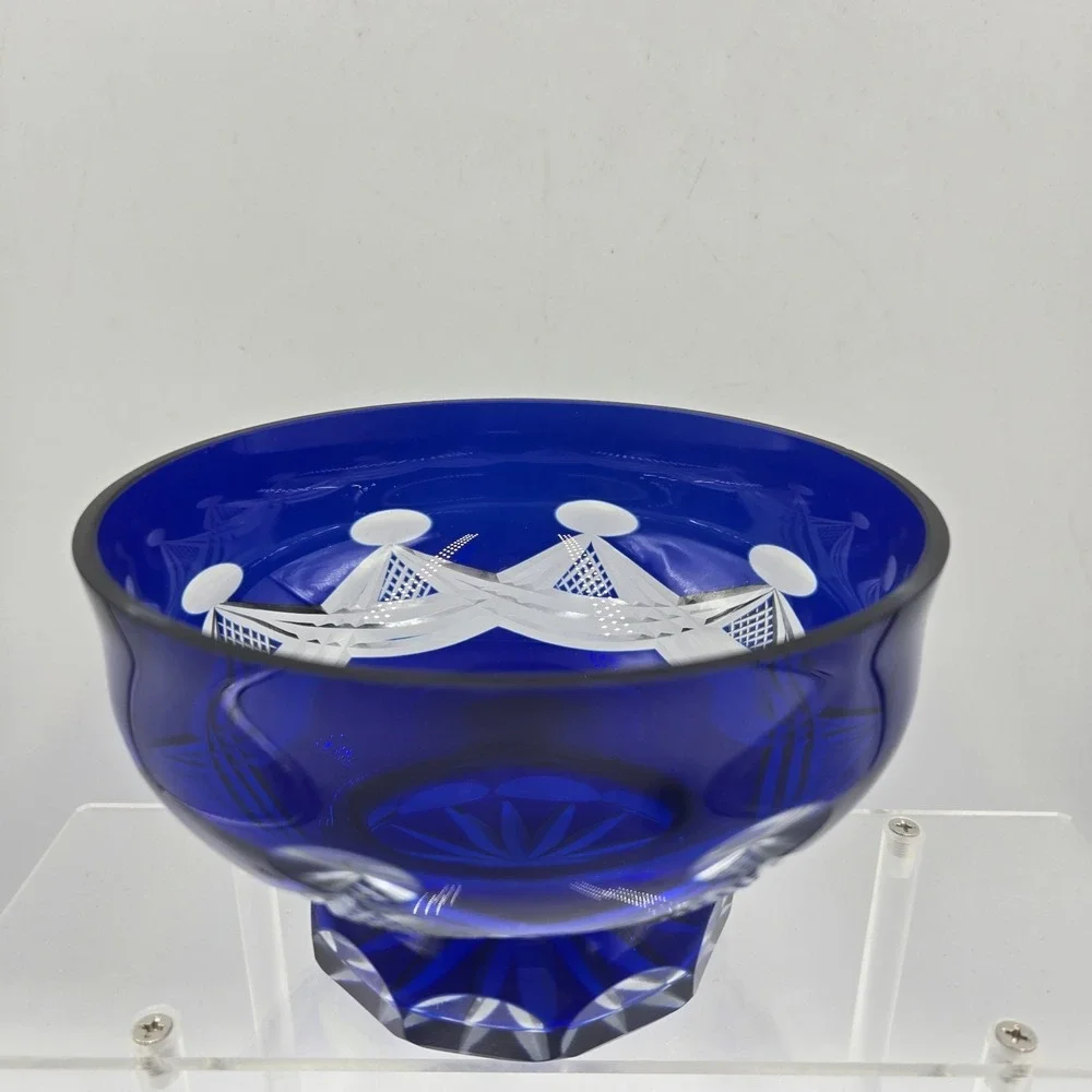 Bohemian Cobalt Blue Cut to Clear Crystal Footed Bowl Czech Candy Dish Starburst